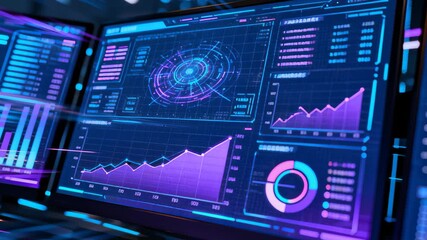 High-tech computer screens displaying complex financial analytics with holographic circular interface, presenting comprehensive data charts showcasing business growth trends - Powered by Adobe