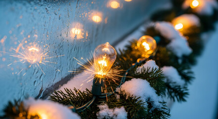Close up of Christmas light bulb sparking outdoors with snow on fir branches. Electrical short circuit risk in winter holiday decoration.