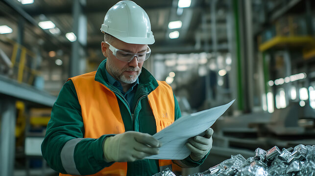 Man in a factory wearing safety gear, looking at a document with the manufacturing plant in the background. He wears a vest, hard hat and glasses. Working in manufacturing.