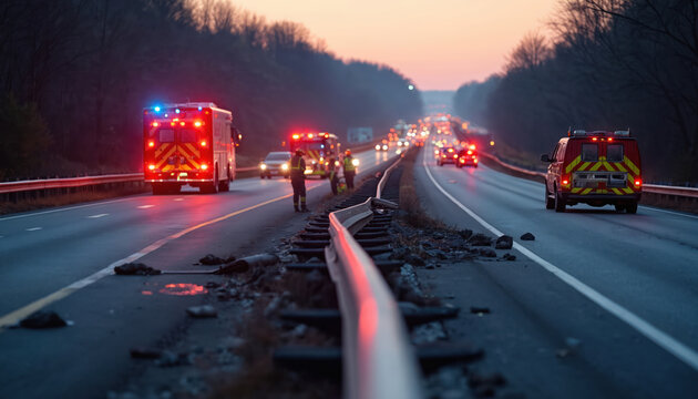 Emergency vehicles respond to guardrail damage on highway at dusk. First responders secure scene, manage traffic after road incident. Cars stopped in distance.