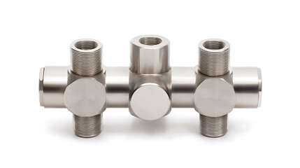 Close-up of a machined metal manifold. The smooth, reflective surface and precise threading highlight industrial design and engineering. Good for technical or engineering context.