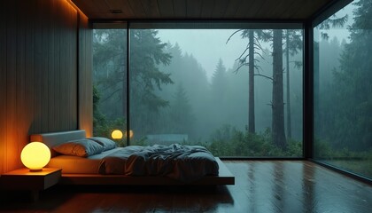 Modern bed in minimalist room overlooking forest during rainstorm. Cozy interior with warm lamps and wet wooden floor. Peaceful escape into nature, quiet contemplation, and comfortable rest.