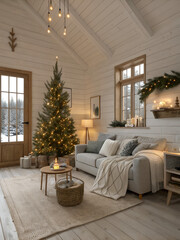 Scandinavian cozy living room with Christmas tree lights, neutral decor, and warm wood textures.