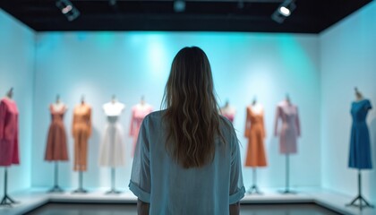 Woman views apparel at exhibit with mannequins presenting eco conscious clothing. Fair fashion show features collection of sustainable outfits. Female at eco textile trade exposition observes fashion