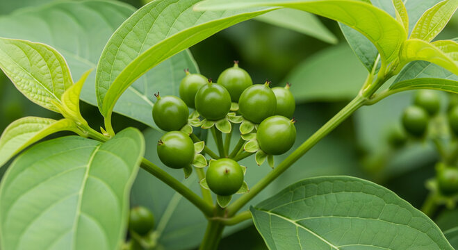 Close up of Rauvolfia verticillata plant with green berries and leaves