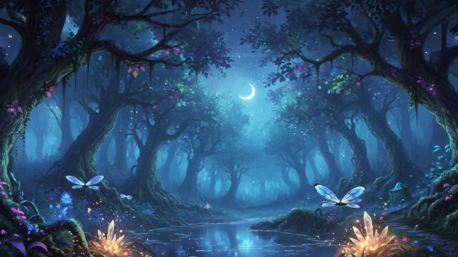 Enchanted forest path leading to a moonlit pond. Glowing butterflies and crystals illuminate the mystical night scene. Fantasy and fairytale concept. Panning and tilting camera movement.