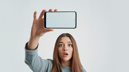 Woman with surprised expression holding a smartphone with a blank screen