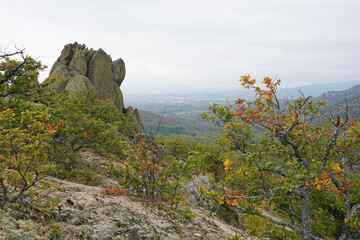 Mountain landscape panorama rocks stones trees forest Balkans autumn cloudy day nature 