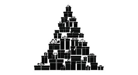 Festive Christmas tree shape formed by stacked black gift boxes with bows on white background