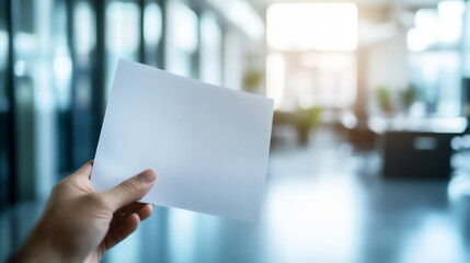 Hand holding a blank sheet of paper in a bright office space during the day