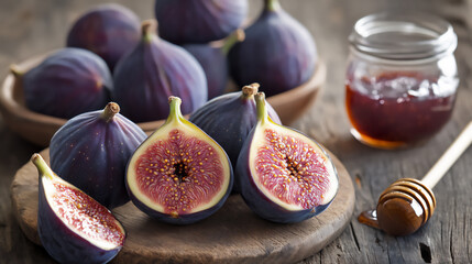 Fresh figs sliced on a wooden board with honey and jam in a rustic kitchen setting