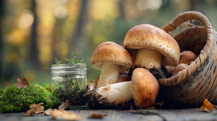 Freshly picked mushrooms in a basket set against a forest backdrop during autumn