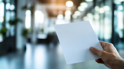 Hand holding a blank sheet of paper in a bright, modern office space during the day