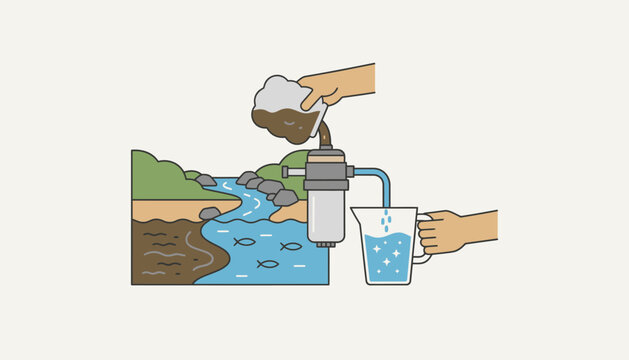 A compact water filtration system demonstrating its ease of use beside a clear stream illustrating the importance of clean drinking water.