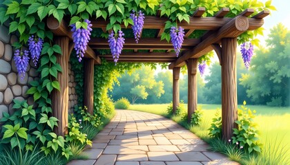 Fototapeta premium Wooden pergola covered with purple flowers