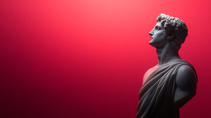 Marble statue against a vibrant red backdrop. The figure gazes upward with a serene expression, draped in classical attire, showcasing detailed craftsmanship. Classic art.