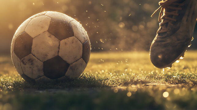 Soccer player kicks ball on a wet field during sunset, capturing the action and excitement of the game
