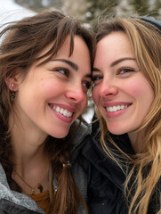 Young women friends smiling together in winter