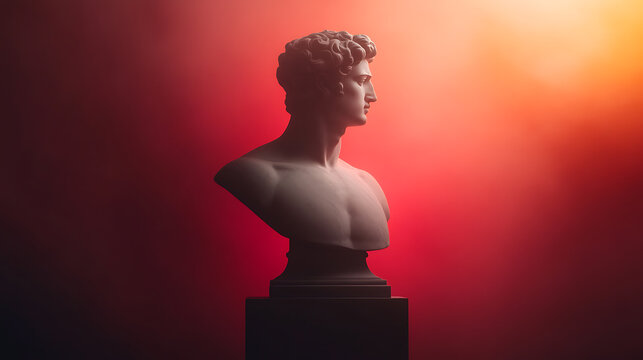 An artistic rendering captures the essence of classical sculpture against a vivid red backdrop. The stark contrast highlights the intricate details of the bust.