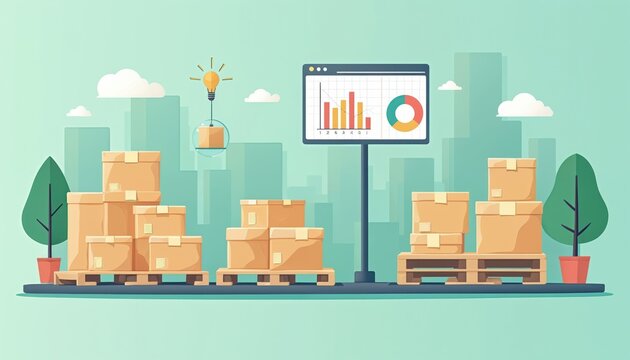 Stacked boxes on pallets indicate business logistics, inventory management. Screen displays charts, graphs, showing data analysis for supply chain optimization. Idea lightbulb hovers above box,