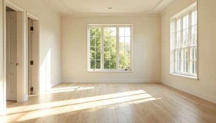 Fototapeta premium Spacious renovated room features cream walls, light wood grain floor. Bright sunlight enters through large windows. Modern empty interior ready for home furnishing, offering clean new living space,