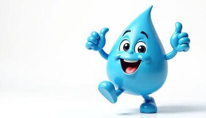 Cute blue water drop cartoon character smiles happily. Gives two thumbs up, jumping with good mood on white background, copy space. Clean water, eco friendly tech, healthy life for kids.