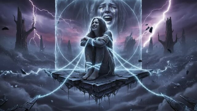Woman in despair bound by glowing chains on a floating rock during a storm. A visual metaphor for mental health struggles and anxiety. Subtle vertical camera tilt