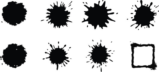 Ink splatter vector set, grunge blots and frame elements for creative design