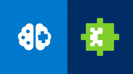 Obraz premium A conceptual graphic of a brain icon and puzzle piece on a split blue background.
