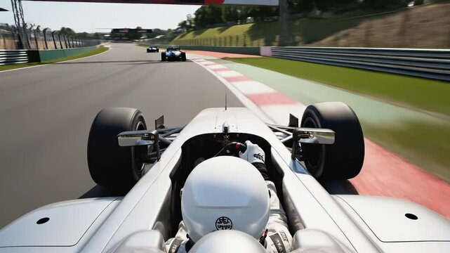 High-speed racing scene featuring a sleek silver car overtaking competitors on a racetrack, showcasing dynamic motion and camera movement through zoom and pan