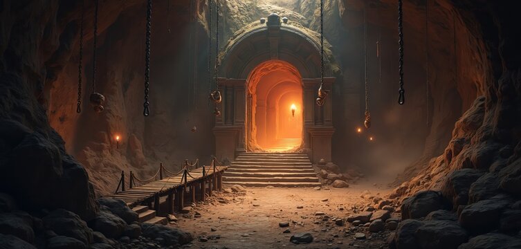 Ancient stone temple entrance with stone steps, wooden bridge leading to archway. Torchlight glows from deep within cavern, casting shadows on rough cave walls. Mysterious underground passage beckons