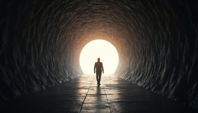 Man in silhouette walks through dark textured tunnel towards bright circle of light representing opportunity future success. Represents hope, new beginnings, forward movement. Metaphor for life