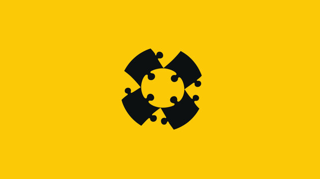 Four black curved jigsaw pieces form a circular symbol on a solid yellow background