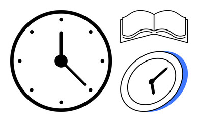 Analog clocks and an open book highlight the concepts of time management, learning, and productivity. Ideal for education, personal growth, academic planning, organization, scheduling, work-life
