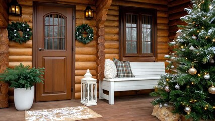 Delight in the winter charm as festive decorations create a cozy atmosphere on a cabin porch surrounded by snow - Powered by Adobe