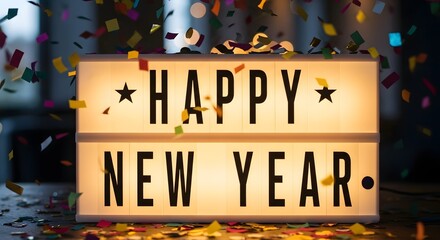 Illuminated sign wishing a happy new year with confetti falling