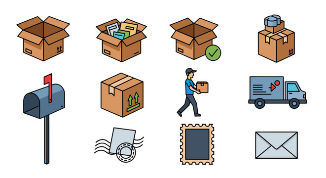 A collection of vector cartoon illustrations depicting various aspects of postal services and package delivery, including open boxes, sealed packages, a mailbox, a delivery truck, a postal worker - Powered by Adobe