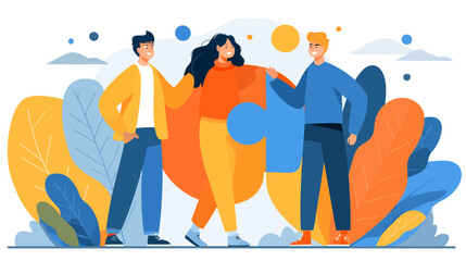 Obraz premium Illustration of three diverse friends collaborating on a puzzle in a vibrant setting