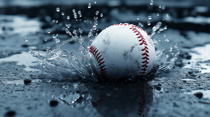 Baseball splashes in puddle during rainy day