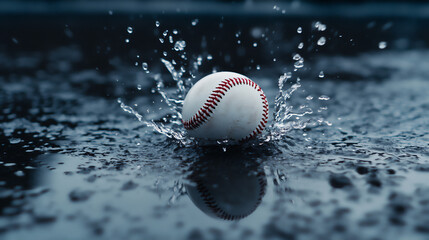 Baseball splashes through rain puddle in a dramatic moment on the field during a summer storm