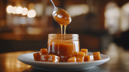 Caramel sauce drizzling from a spoon over a jar with caramel cubes on a plate indoors