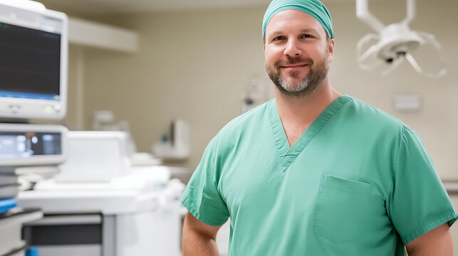 A portrait of a doctor in an operating room, wearing scrubs and looking at the camera, radiating a sense of expertise and confidence in a modern healthcare setting.