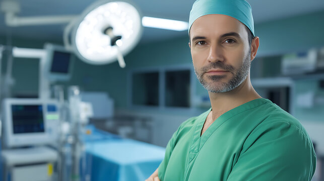 Portrait of a confident surgeon with crossed arms in an operating room, bathed in surgical light. His gaze is direct, conveying expertise and assurance.