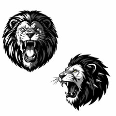 Roaring lion head illustrations in black and white, showcasing power and ferocity.