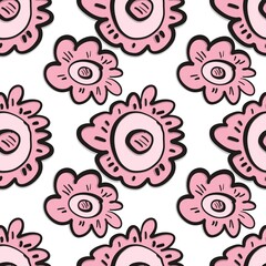 Seamless abstract botanical pattern. Simple background with pink, black, white texture. Digital brush strokes. Flowers. Design for textile fabrics, wrapping paper, background, wallpaper, cover.
