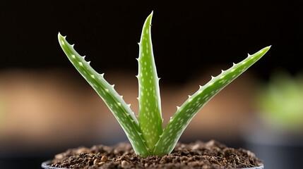 Obraz premium A vibrant, green aloe plant rises from rich soil, its succulent leaves reaching upwards. The plant's natural beauty and potential health benefits are highlighted.