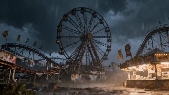 Dramatic scene of derelict fairground with ferris wheel, roller coaster, food stalls during thunderstorm with heavy rain