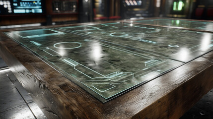Futuristic digital interface on a high-tech wooden table in a sci-fi command center with glowing holographic display.