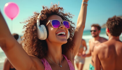 Young woman with headphones enjoys music on a beach party with friends. People dance and laugh under blue sky. Pink balloon floats nearby. This scene captures fun summer vacation vibes.
