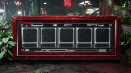 High-tech sci-fi interface with glowing panels in a red frame, surrounded by lush green plants in a futuristic setting.